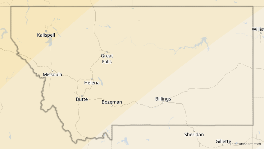 A map of Montana, USA, showing the path of the 11. Mai 2097 Totale Sonnenfinsternis
