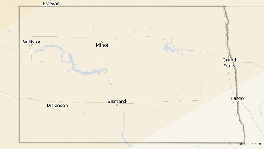 A map of North Dakota, USA, showing the path of the 11. Mai 2097 Totale Sonnenfinsternis