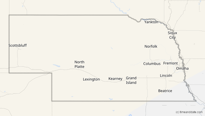 A map of Nebraska, USA, showing the path of the 11. Mai 2097 Totale Sonnenfinsternis