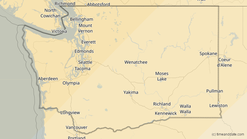 A map of Washington, USA, showing the path of the 11. Mai 2097 Totale Sonnenfinsternis