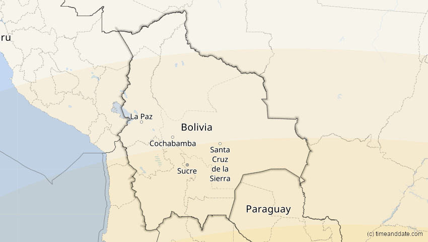 A map of Bolivien, showing the path of the 1. Apr 2098 Partielle Sonnenfinsternis