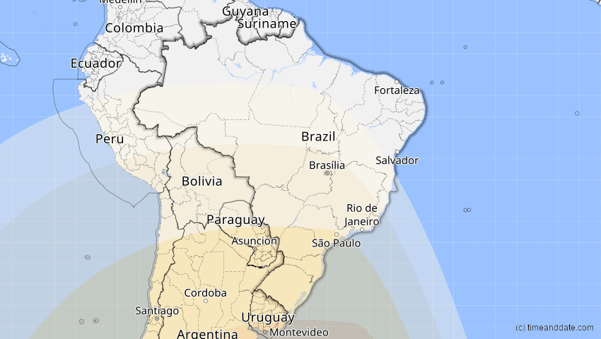 A map of Brasilien, showing the path of the 1. Apr 2098 Partielle Sonnenfinsternis