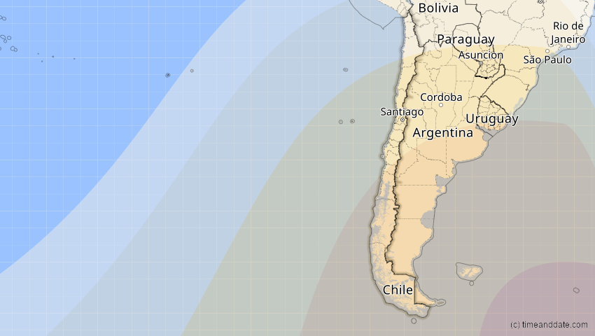 A map of Chile, showing the path of the 1. Apr 2098 Partielle Sonnenfinsternis