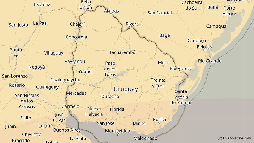 A map of Uruguay, showing the path of the 1. Apr 2098 Partielle Sonnenfinsternis
