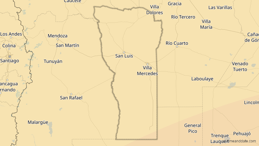 A map of San Luis, Argentinien, showing the path of the 1. Apr 2098 Partielle Sonnenfinsternis