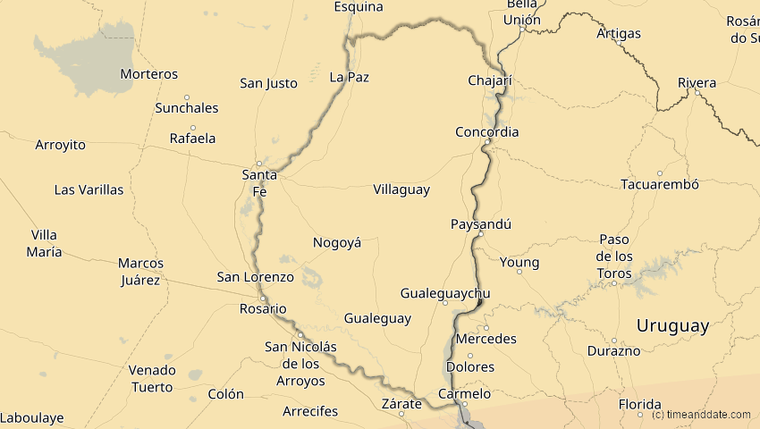A map of Entre Ríos, Argentinien, showing the path of the 1. Apr 2098 Partielle Sonnenfinsternis
