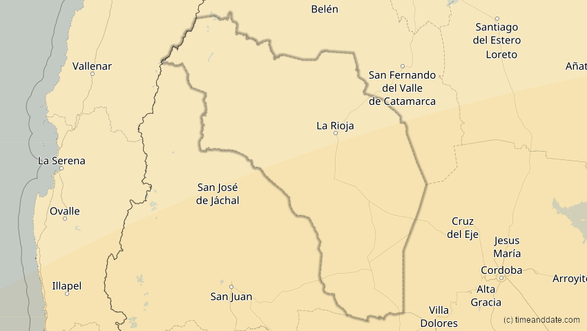 A map of Rioja, Argentinien, showing the path of the 1. Apr 2098 Partielle Sonnenfinsternis