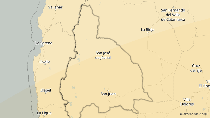 A map of San Juan, Argentinien, showing the path of the 1. Apr 2098 Partielle Sonnenfinsternis