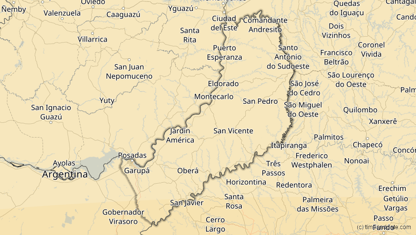A map of Misiones, Argentinien, showing the path of the 1. Apr 2098 Partielle Sonnenfinsternis