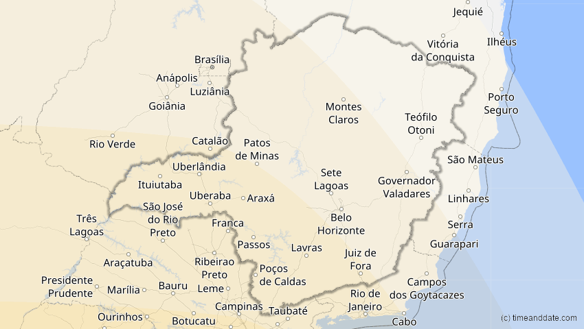 A map of Minas Gerais, Brasilien, showing the path of the 1. Apr 2098 Partielle Sonnenfinsternis