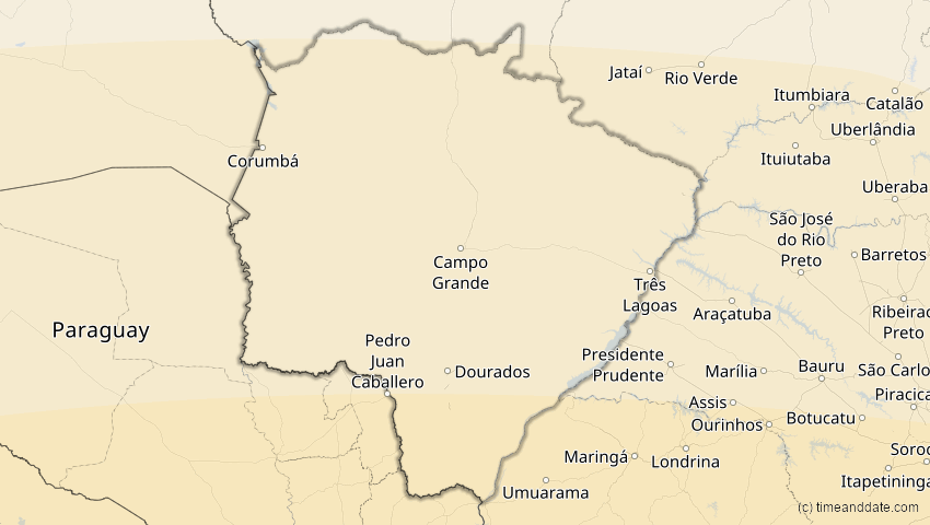 A map of Mato Grosso do Sul, Brasilien, showing the path of the 1. Apr 2098 Partielle Sonnenfinsternis