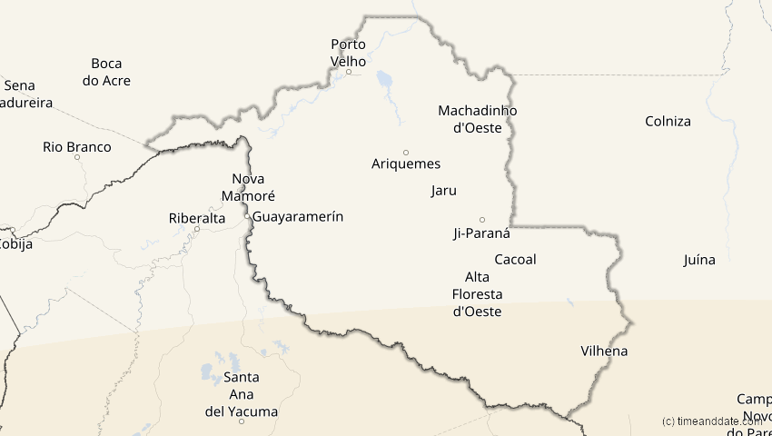 A map of Rondônia, Brasilien, showing the path of the 1. Apr 2098 Partielle Sonnenfinsternis