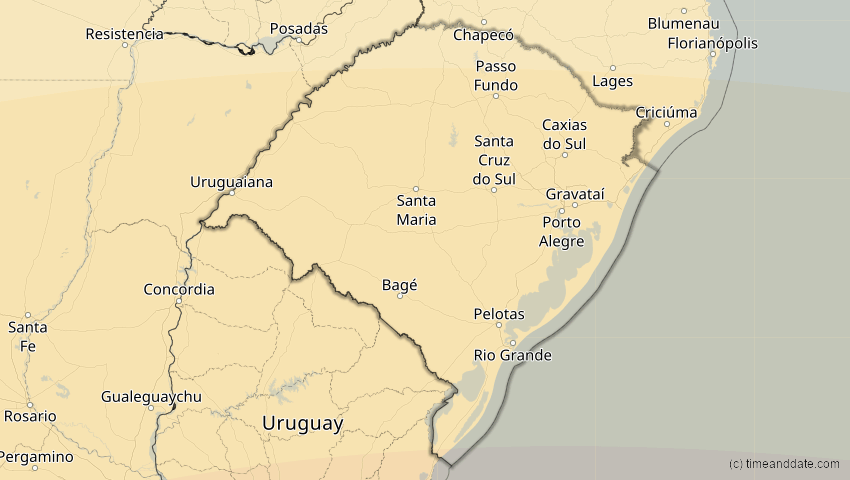 A map of Rio Grande do Sul, Brasilien, showing the path of the 1. Apr 2098 Partielle Sonnenfinsternis
