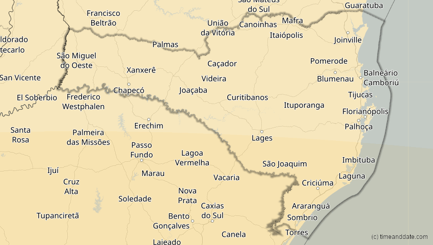 A map of Santa Catarina, Brasilien, showing the path of the 1. Apr 2098 Partielle Sonnenfinsternis
