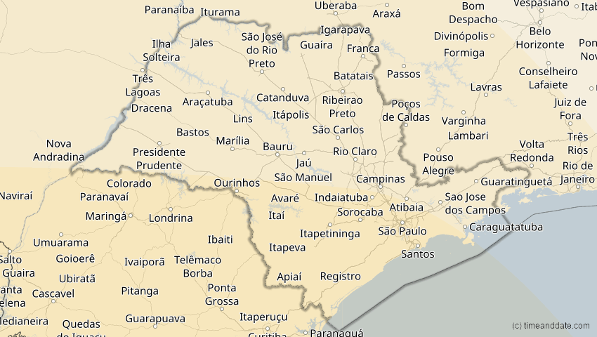 A map of São Paulo, Brasilien, showing the path of the 1. Apr 2098 Partielle Sonnenfinsternis