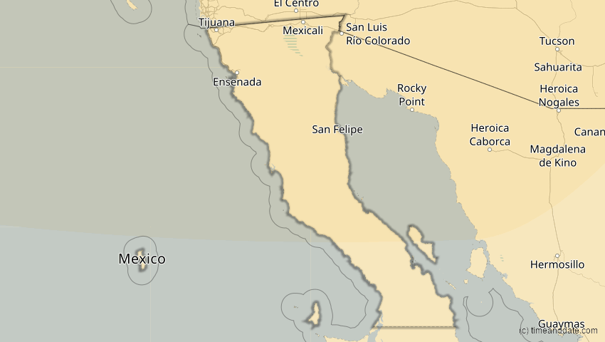 A map of Baja California, Mexiko, showing the path of the 24. Sep 2098 Partielle Sonnenfinsternis