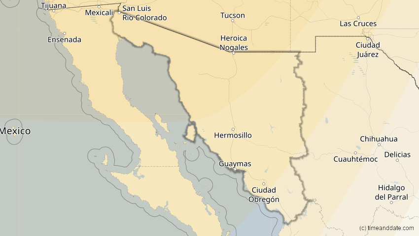 A map of Sonora, Mexiko, showing the path of the 24. Sep 2098 Partielle Sonnenfinsternis