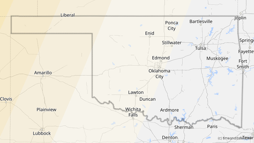 A map of Oklahoma, USA, showing the path of the 24. Sep 2098 Partielle Sonnenfinsternis