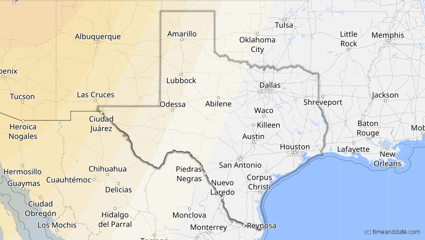 A map of Texas, USA, showing the path of the 24. Sep 2098 Partielle Sonnenfinsternis