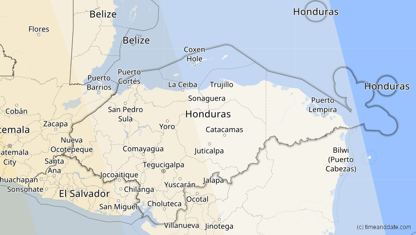 A map of Honduras, showing the path of the 21. Mär 2099 Ringförmige Sonnenfinsternis