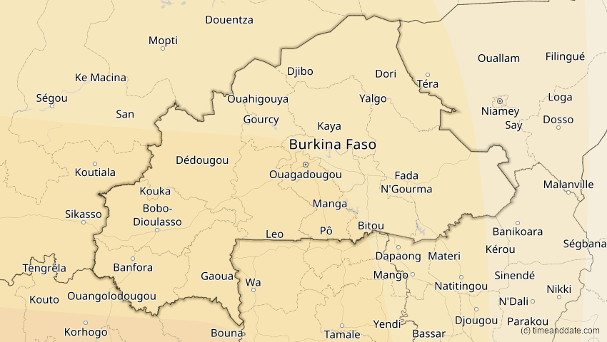A map of Burkina Faso, showing the path of the 14. Sep 2099 Totale Sonnenfinsternis