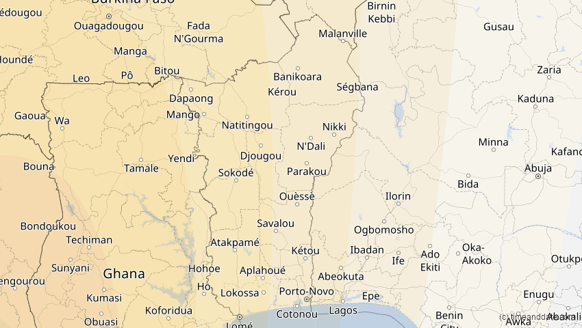 A map of Benin, showing the path of the 14. Sep 2099 Totale Sonnenfinsternis