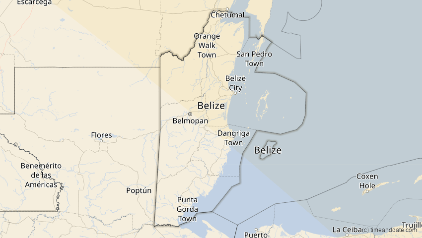 A map of Belize, showing the path of the 14. Sep 2099 Totale Sonnenfinsternis