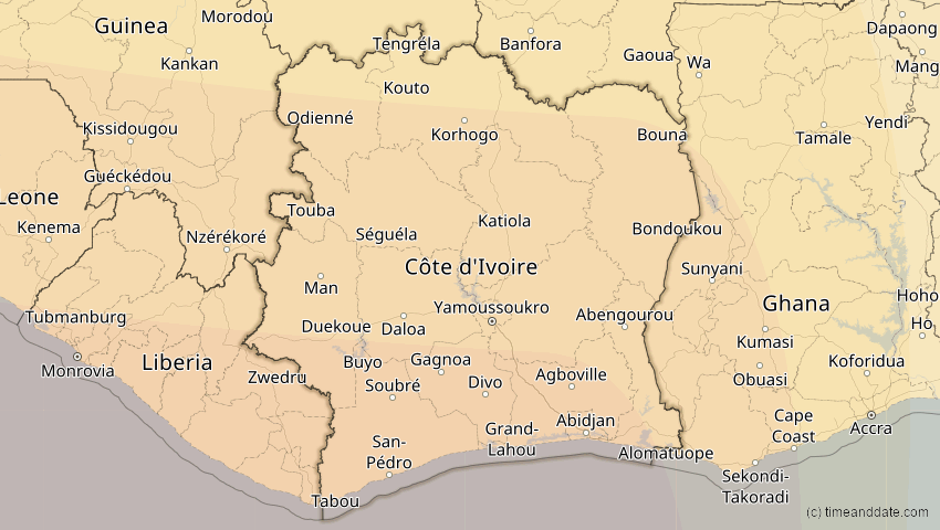 A map of Elfenbeinküste (Côte d'Ivoire), showing the path of the 14. Sep 2099 Totale Sonnenfinsternis
