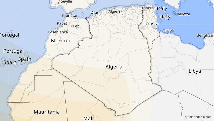 A map of Algerien, showing the path of the 14. Sep 2099 Totale Sonnenfinsternis