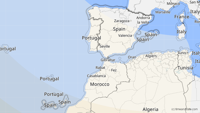 A map of Spanien, showing the path of the 14. Sep 2099 Totale Sonnenfinsternis