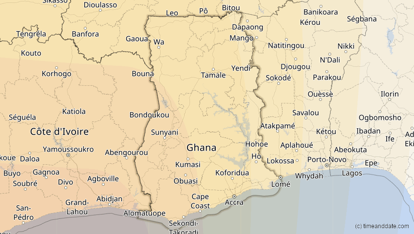 A map of Ghana, showing the path of the 14. Sep 2099 Totale Sonnenfinsternis
