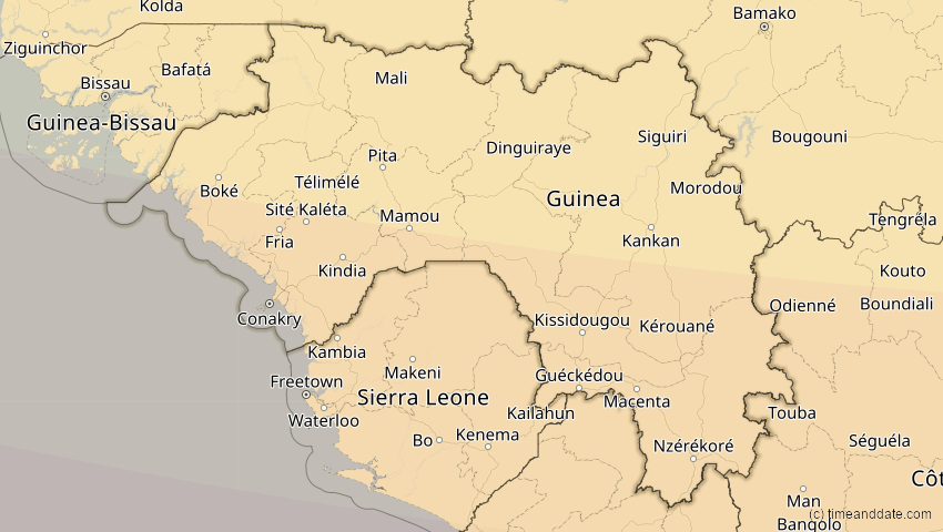 A map of Guinea, showing the path of the 14. Sep 2099 Totale Sonnenfinsternis