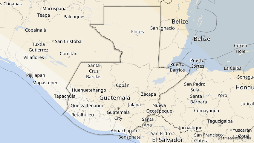 A map of Guatemala, showing the path of the 14. Sep 2099 Totale Sonnenfinsternis