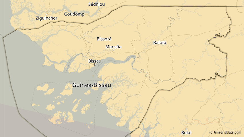 A map of Guinea-Bissau, showing the path of the 14. Sep 2099 Totale Sonnenfinsternis