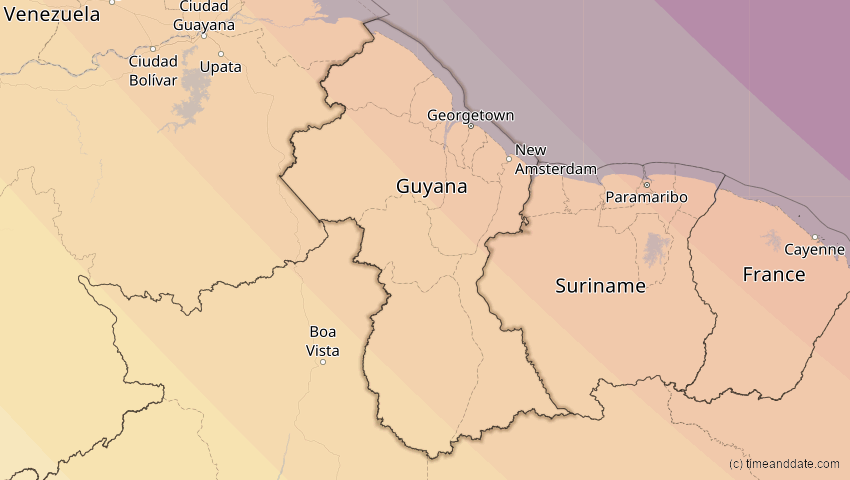 A map of Guyana, showing the path of the 14. Sep 2099 Totale Sonnenfinsternis