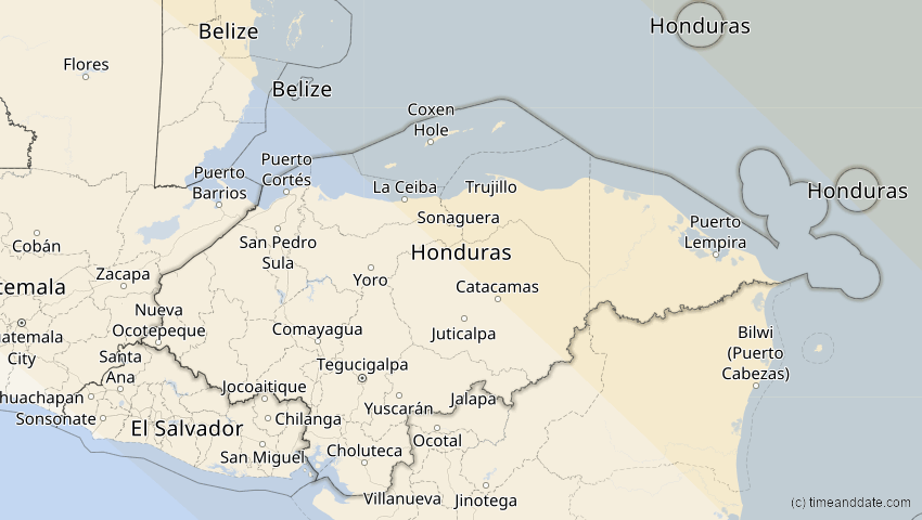 A map of Honduras, showing the path of the 14. Sep 2099 Totale Sonnenfinsternis