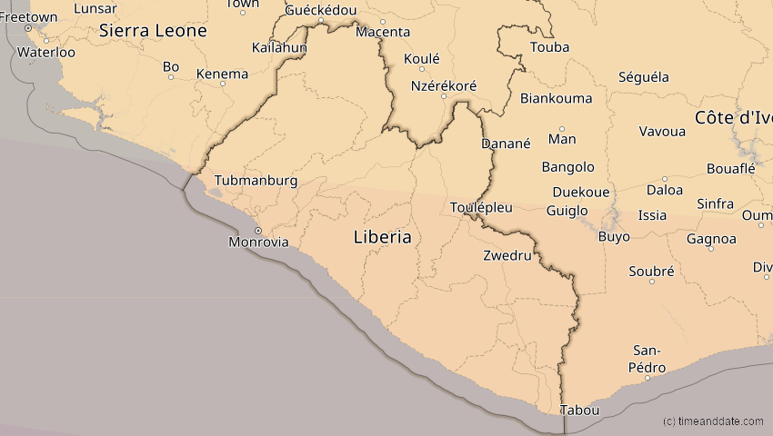 A map of Liberia, showing the path of the 14. Sep 2099 Totale Sonnenfinsternis