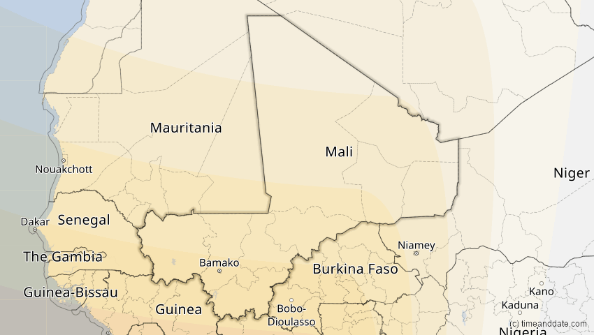 A map of Mali, showing the path of the 14. Sep 2099 Totale Sonnenfinsternis