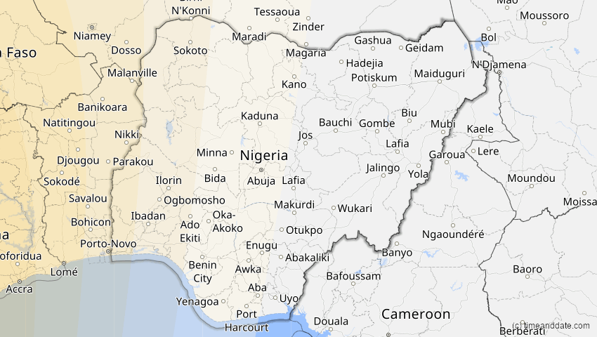 A map of Nigeria, showing the path of the 14. Sep 2099 Totale Sonnenfinsternis