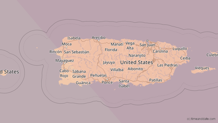 A map of Puerto Rico, showing the path of the 14. Sep 2099 Totale Sonnenfinsternis