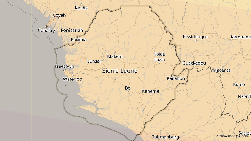 A map of Sierra Leone, showing the path of the 14. Sep 2099 Totale Sonnenfinsternis