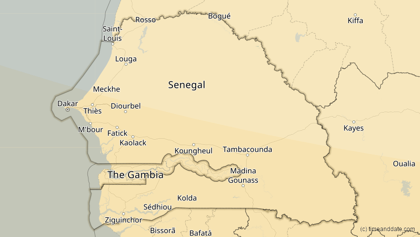 A map of Senegal, showing the path of the 14. Sep 2099 Totale Sonnenfinsternis