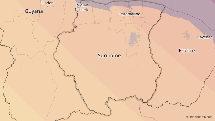 A map of Suriname, showing the path of the 14. Sep 2099 Totale Sonnenfinsternis