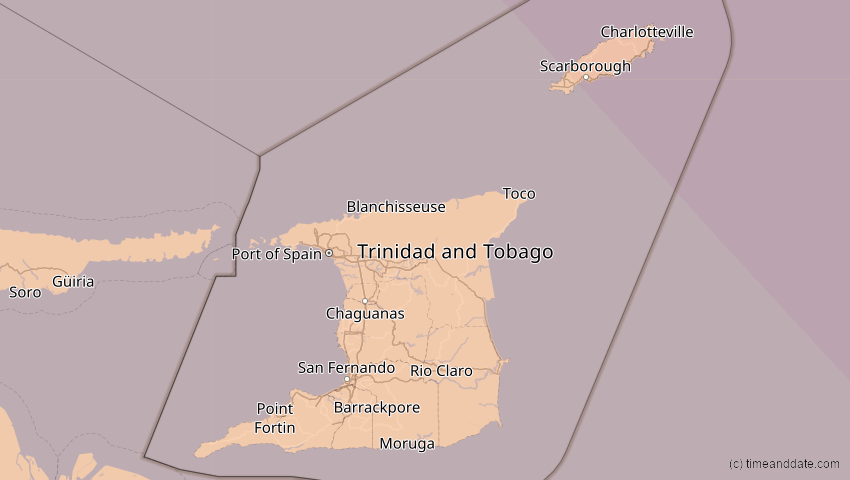 A map of Trinidad und Tobago, showing the path of the 14. Sep 2099 Totale Sonnenfinsternis