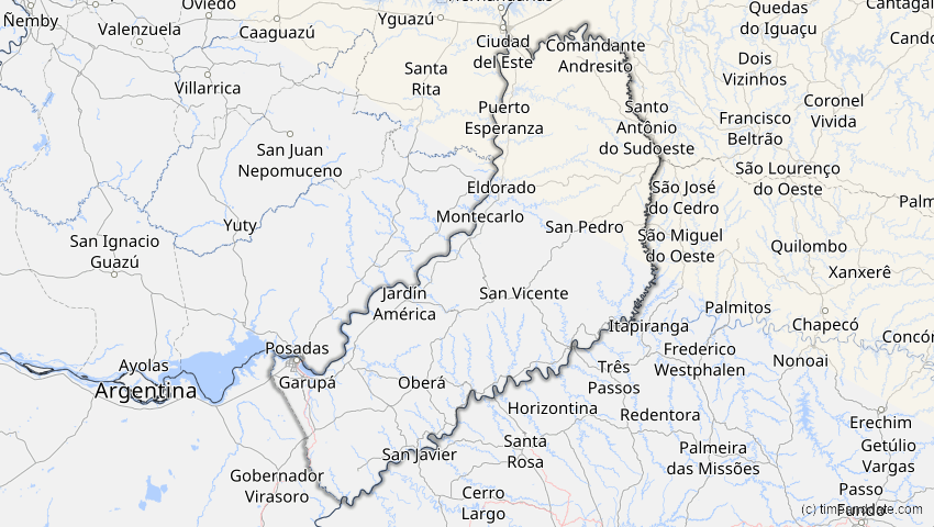 A map of Misiones, Argentinien, showing the path of the 14. Sep 2099 Totale Sonnenfinsternis