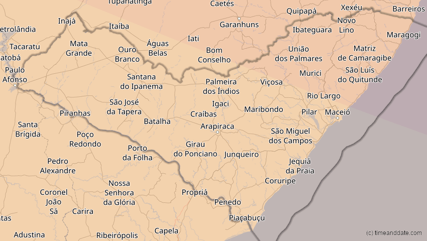 A map of Alagoas, Brasilien, showing the path of the 14. Sep 2099 Totale Sonnenfinsternis