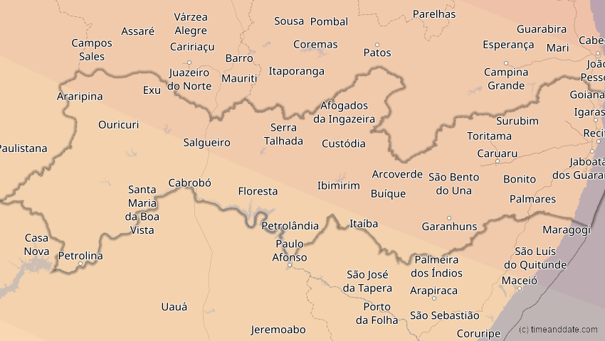 A map of Pernambuco, Brasilien, showing the path of the 14. Sep 2099 Totale Sonnenfinsternis