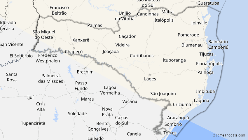 A map of Santa Catarina, Brasilien, showing the path of the 14. Sep 2099 Totale Sonnenfinsternis