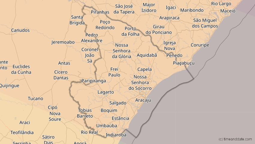 A map of Sergipe, Brasilien, showing the path of the 14. Sep 2099 Totale Sonnenfinsternis
