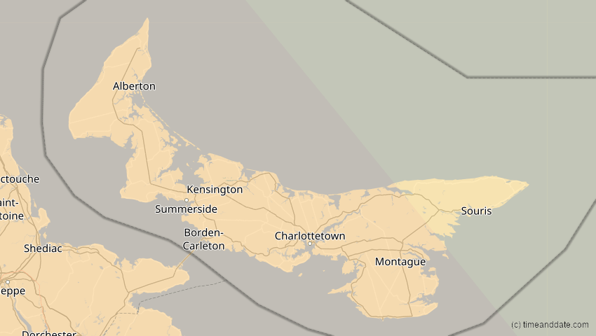 A map of Prince Edward Island, Kanada, showing the path of the 14. Sep 2099 Totale Sonnenfinsternis